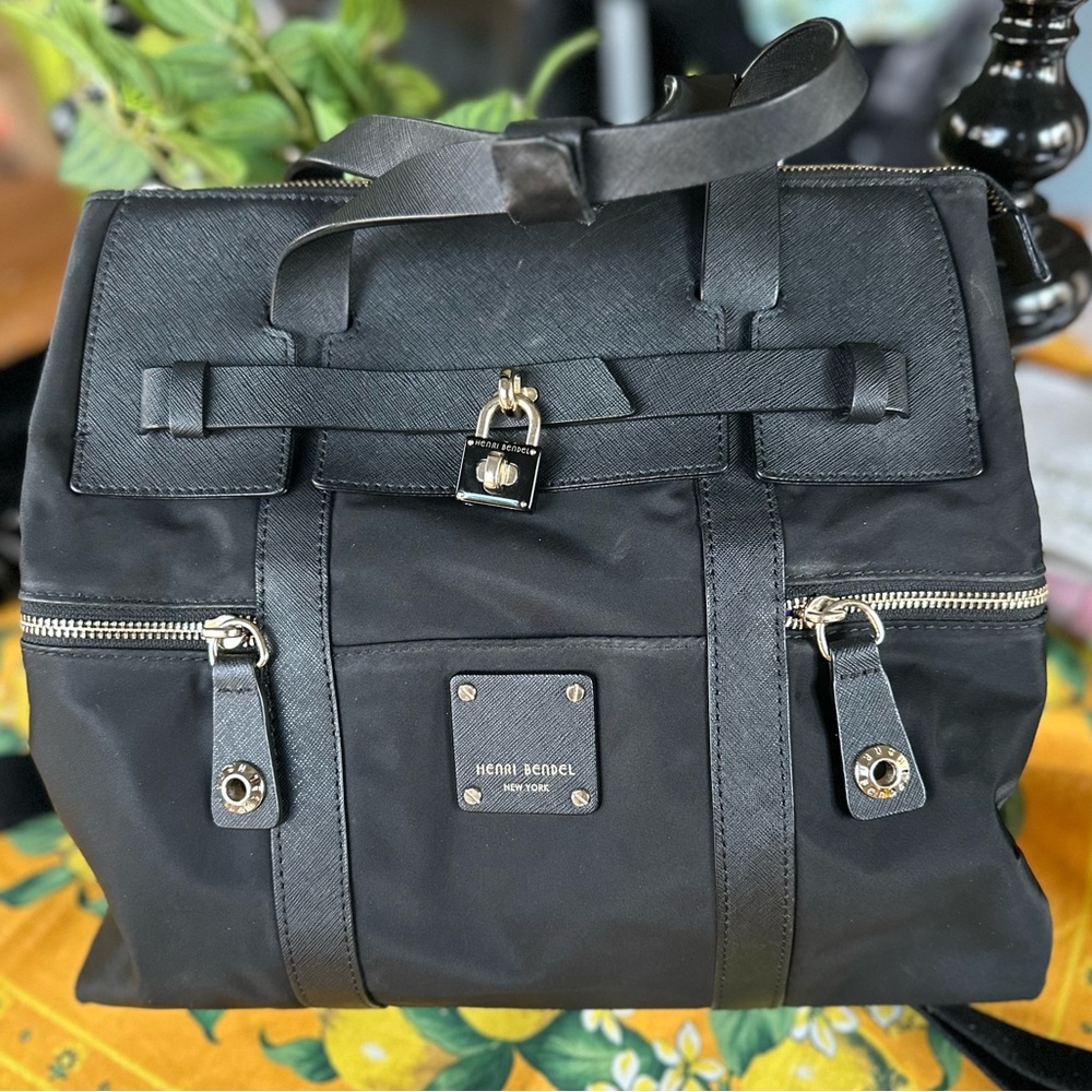 Henri Bendel Jetsetter 3 Way Convertible Backpack Black w/ Saffiano Leather Trim